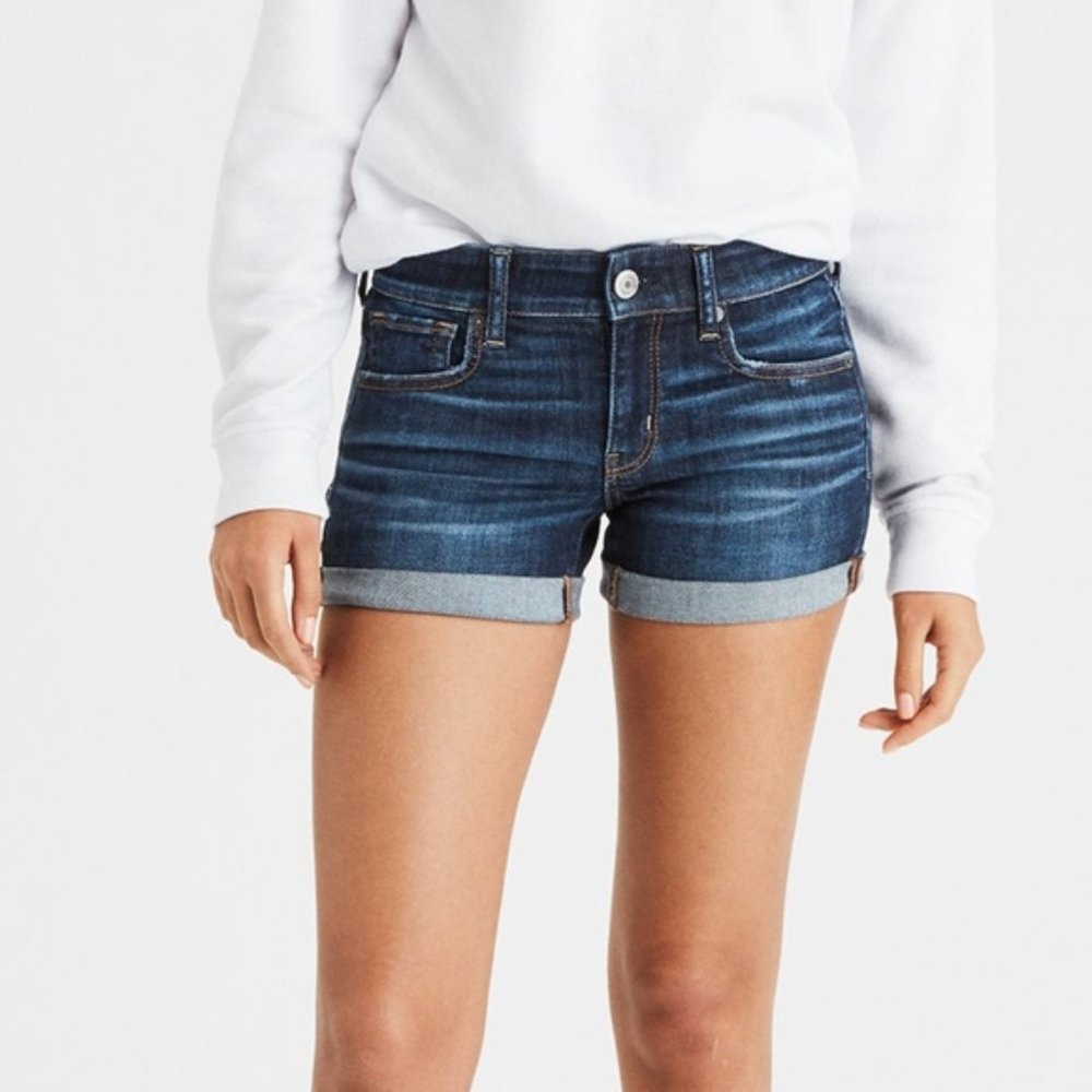 AEO Embroidered Medium Wash Jean Shorts